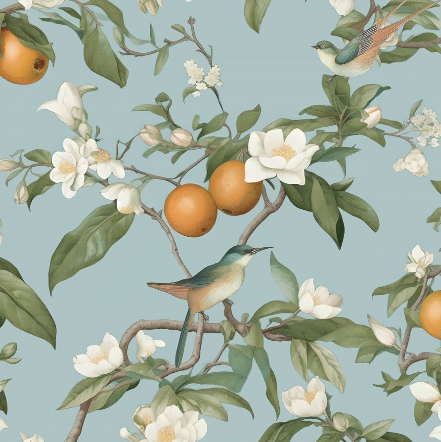 Illustrated birds perched on flowering branches with white blossoms, green leaves, and ripe oranges against a light blue background—perfect for creating easy corkboard placemats that bring a serene, natural atmosphere to your table.